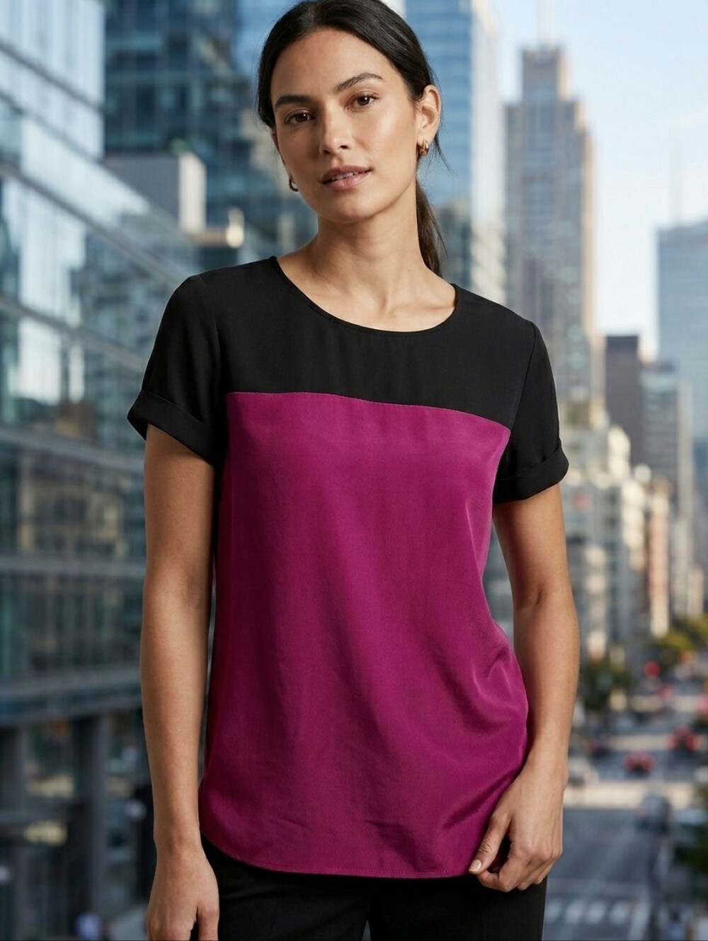 Bianca Nygard size 12 Black and Magenta Colorblock Short Sleeve Blouse